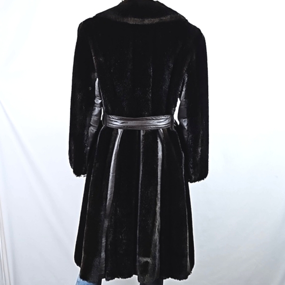 Vintage Tissavel France Faux Fur & Leather Chocolate Brown 70s Glam Belted Coat - Picture 9 of 16